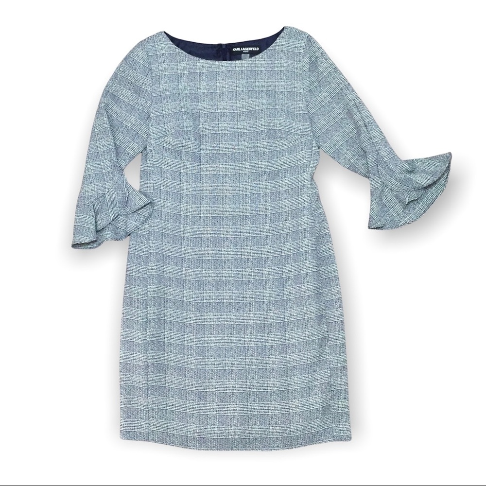 Karl Lagerfeld Plaid 3/4 Sleeve Shift Dress Navy White Knee Length Lined